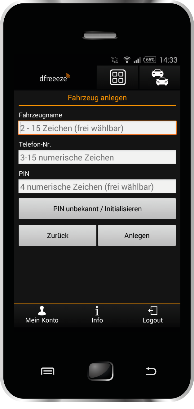 dfreeeze App - Fahrzeug anlegen